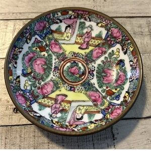 Vintage Japanese ACF Porcelain Ware Encased Pewter Bowl Dish Geisha Hong Kong